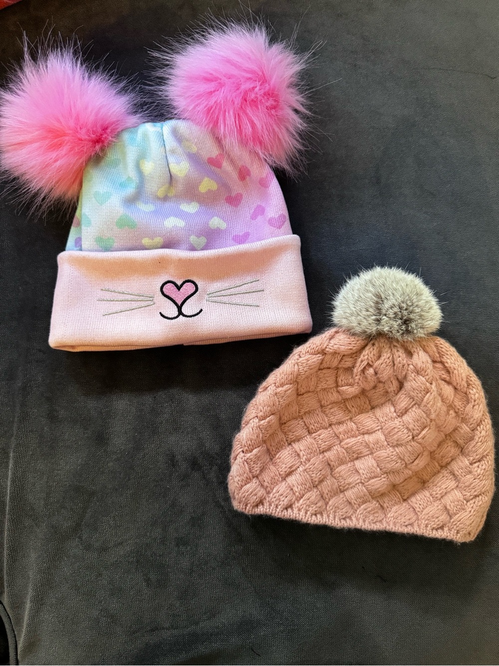 TWO Beanies: Pom Pom Cat Face & Woven Knit